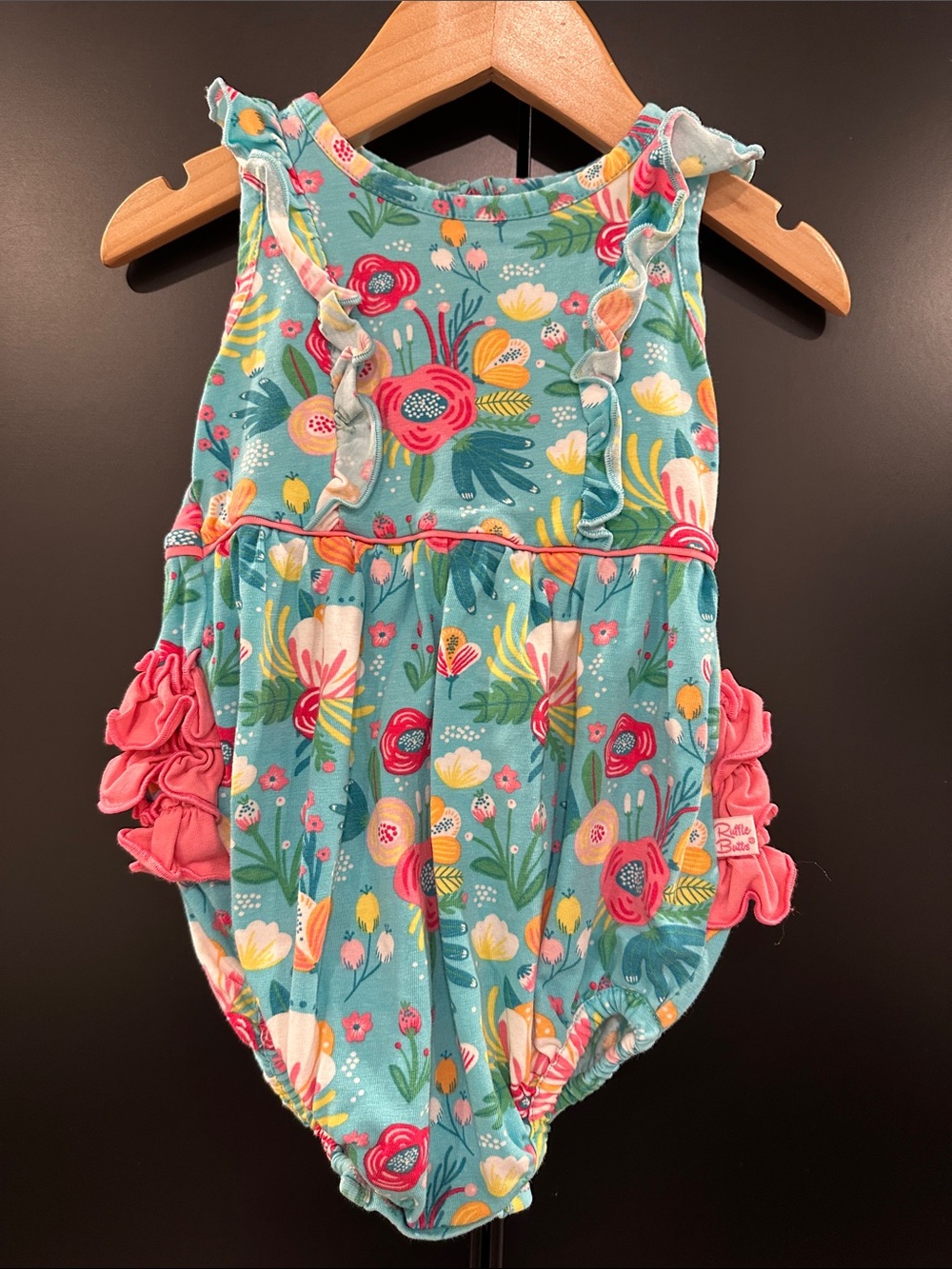 RuffleButts Baby Girls Floral Ruffle Bubble Romper Teal Pink 6-12M